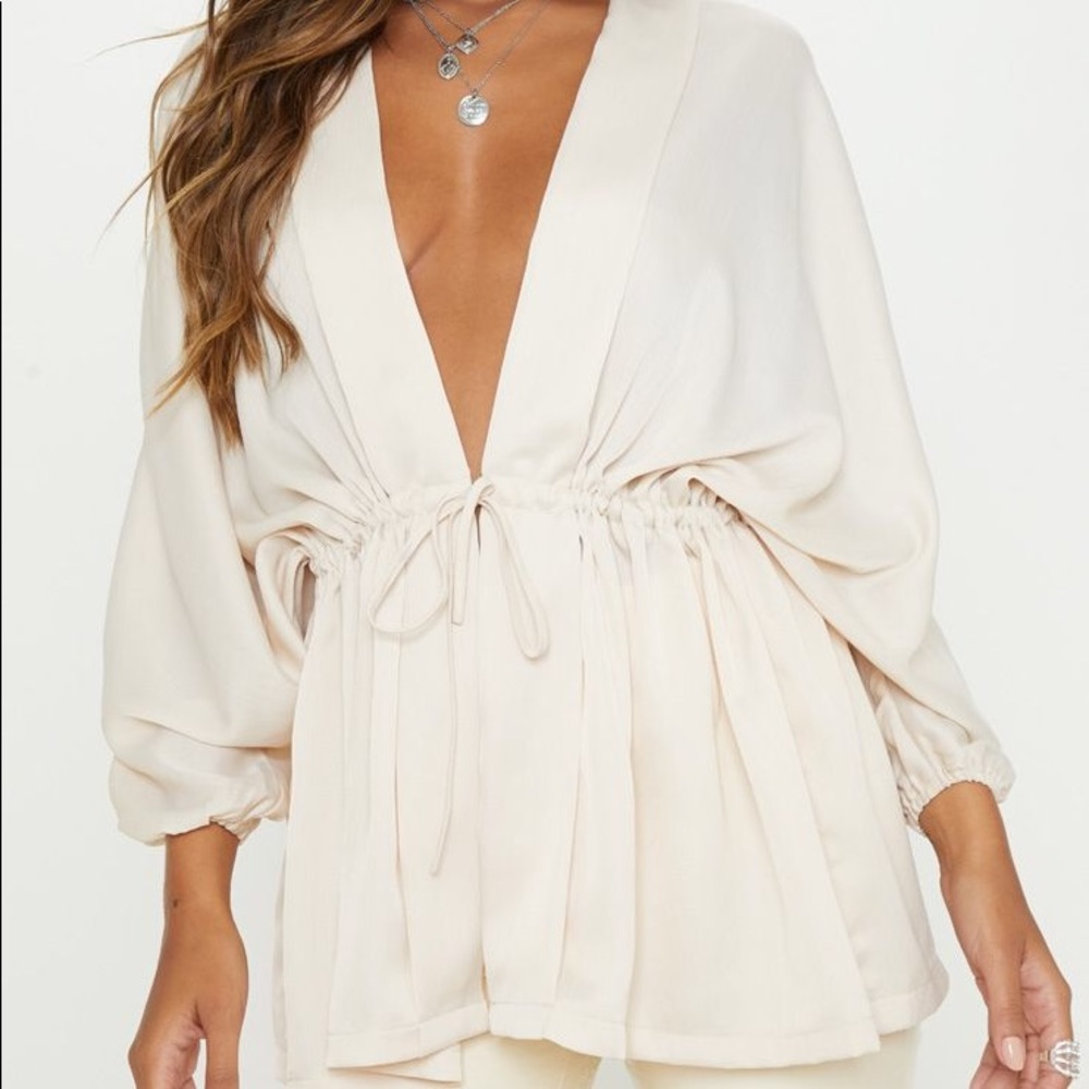 Cream Textured Woven Plunge Tie Waist Blouse